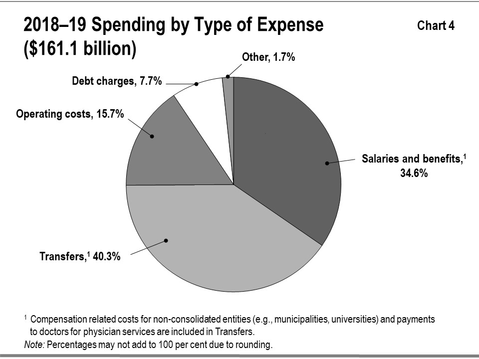 This chart shows the percentage composition of Ontario’s total expenses in 2018–19 by type of expense. Total expense is $161.1 billion. Transfers account for 40.3 per cent. Salaries and benefits account for 34.6 per cent. Operating costs account for 15.7 per cent. Debt charges account for 7.7 per cent. Other expenses account for 1.7 per cent.Note that compensation related costs for non-consolidated entities (e.g., municipalities, universities) and payments to doctors for physician services are included in 
