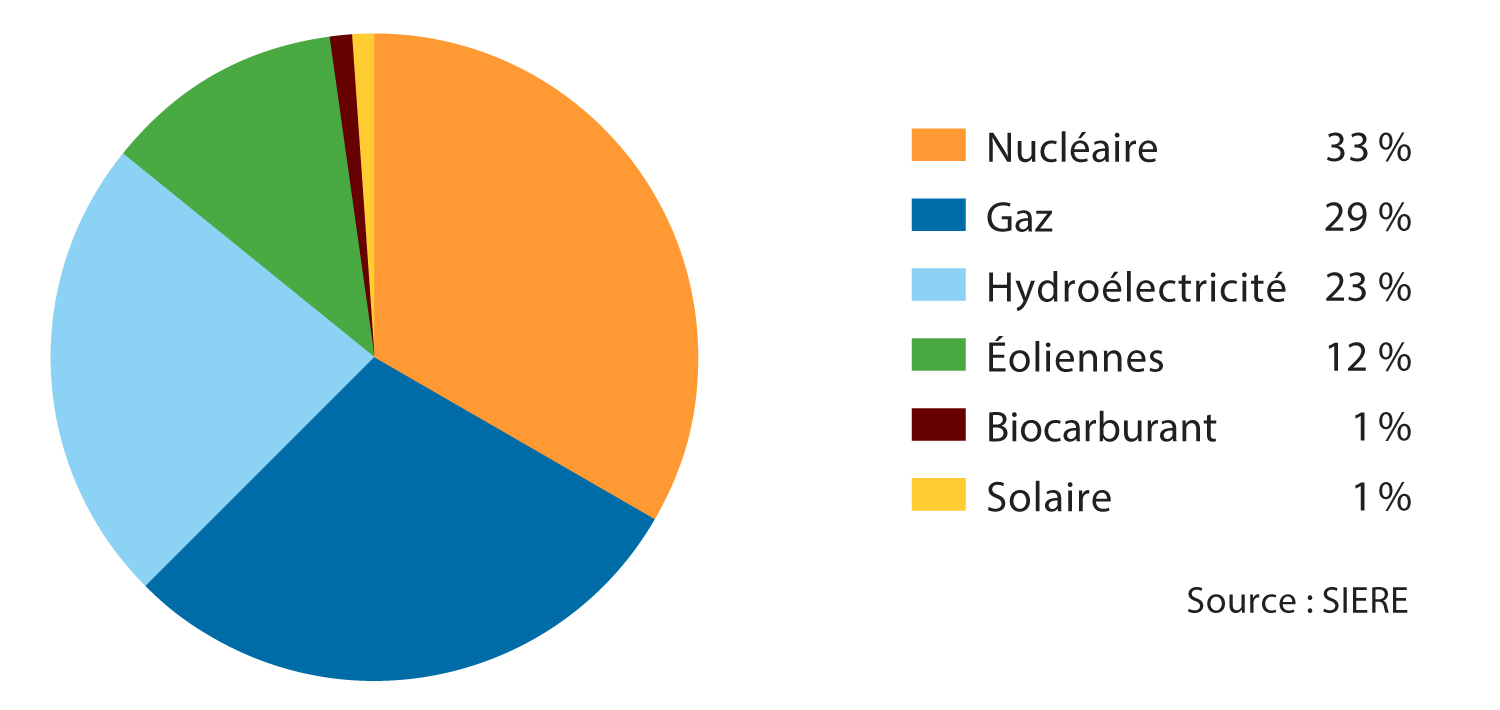 Un diagramme circulaire indiquant les pourcentages de production d'électricité.