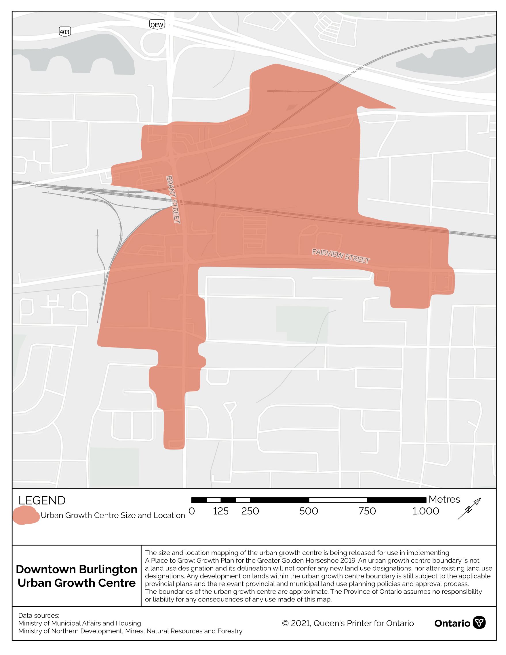 Figure&nbsp;2. Map. The approximate size and location of the Downtown Burlington urban growth centre in the vicinity of Brant Street, Fairview Street and Plains Road East.