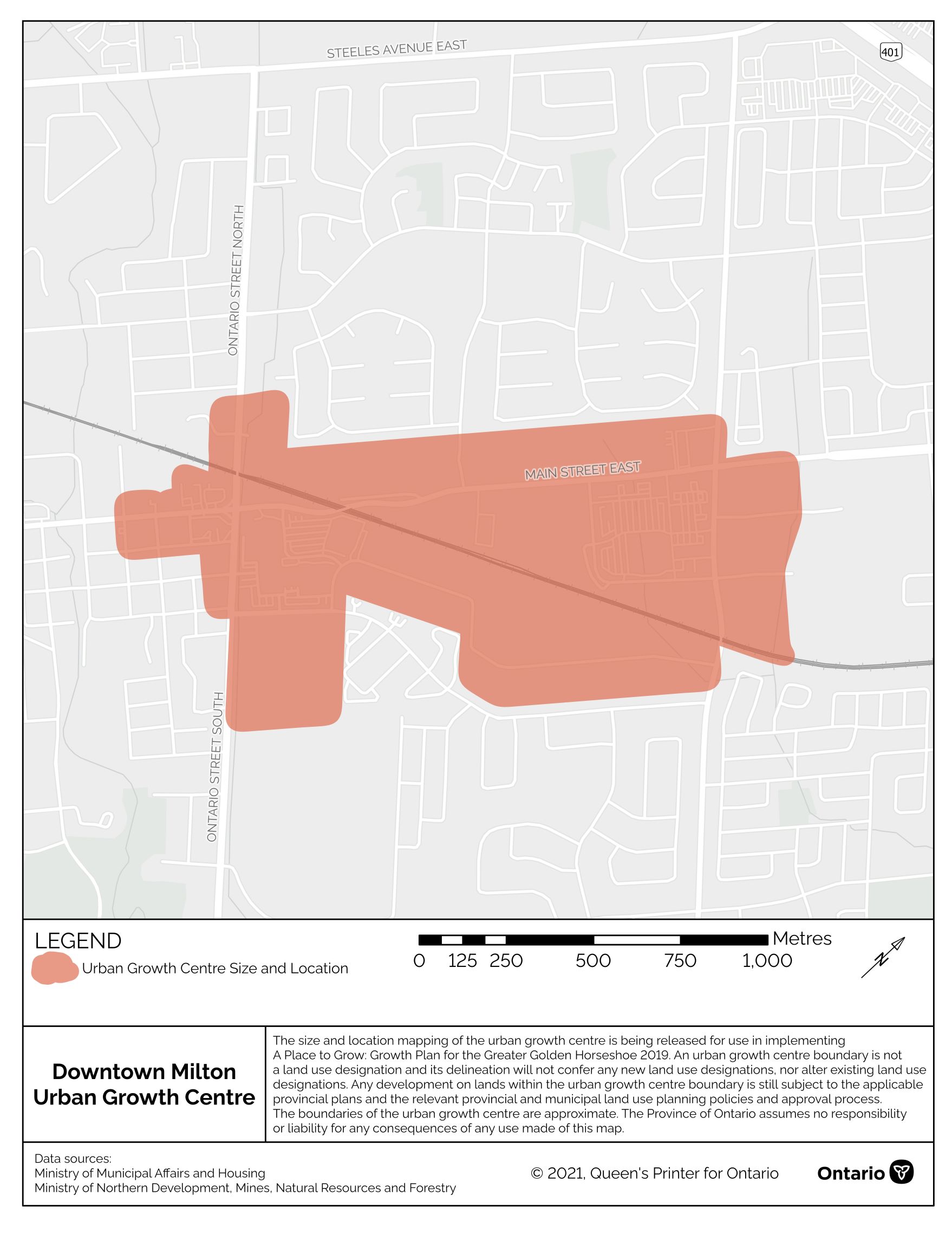 Figure&nbsp;3. Map. The approximate size and location of the Downtown Milton urban growth centre in the vicinity of Ontario Street and Main Street.