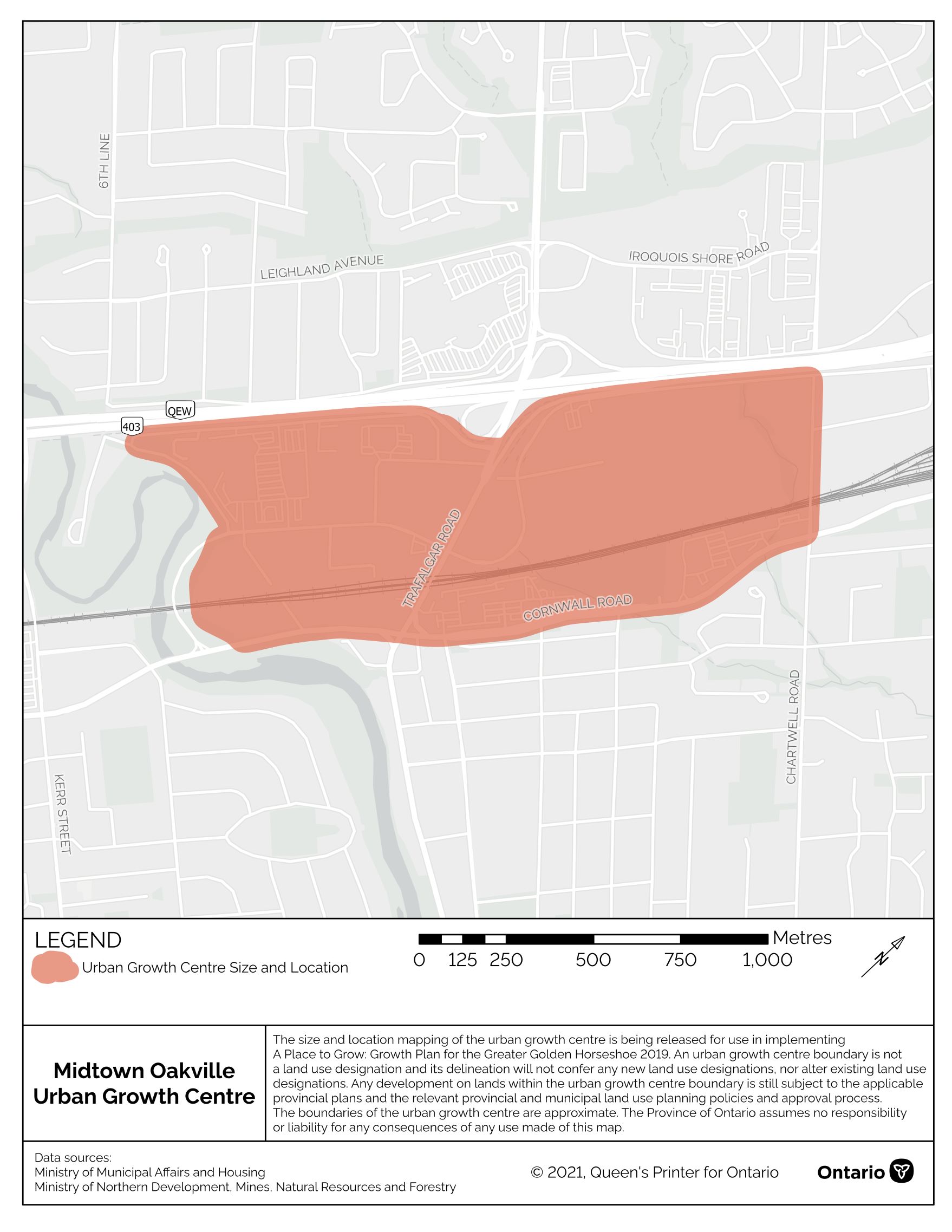 Figure&nbsp;4. Map. The approximate size and location of the Midtown Oakville urban growth centre in the vicinity of Trafalgar Road and Cornwall Road.