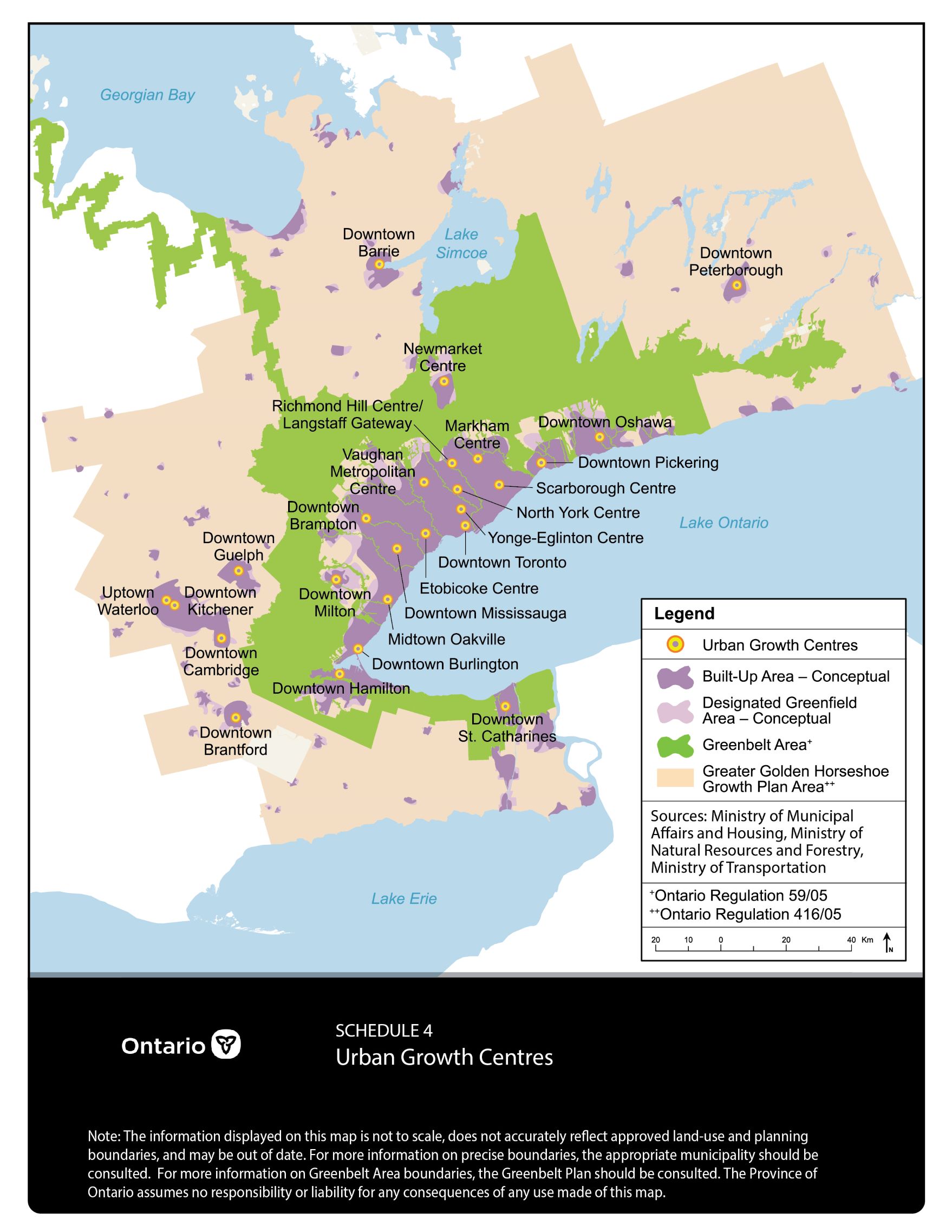 Figure&nbsp;1. Map. Schedule&nbsp;4 of A Place to Grow identifying the approximate location of the&nbsp;25 urban growth centres in the Greater Golden Horseshoe.