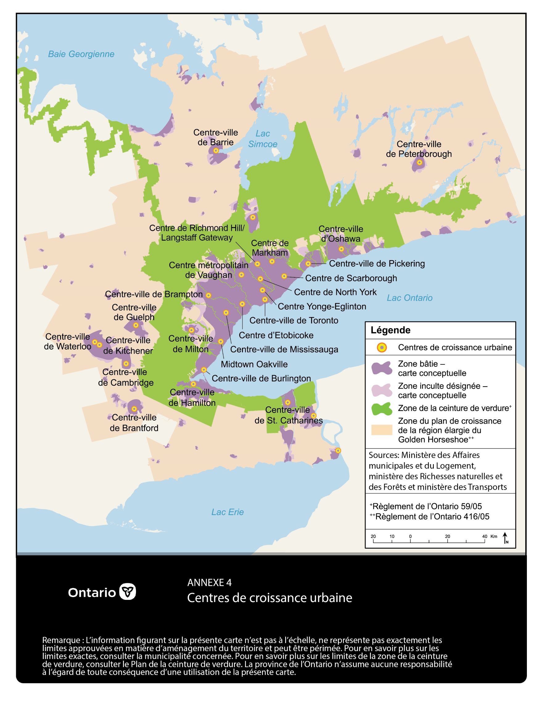 Figure&nbsp;1. L’annexe&nbsp;4 du plan «&nbsp;En plein essor&nbsp;» définit l’emplacement approximatif des&nbsp;25 centres de croissance urbaine dans la région élargie du Golden Horseshoe.