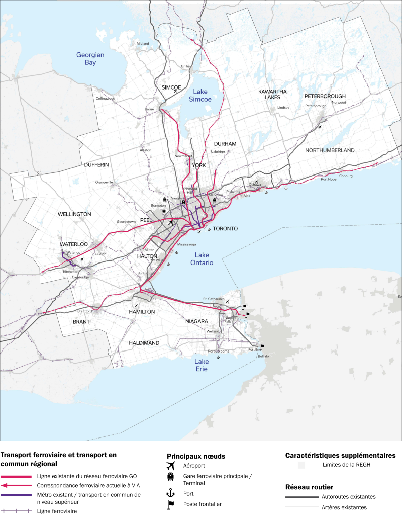 Carte qui illustre le système de transport existant dans la REGH, y compris le réseau de transport ferroviaire et de transport en commun et le réseau routier.