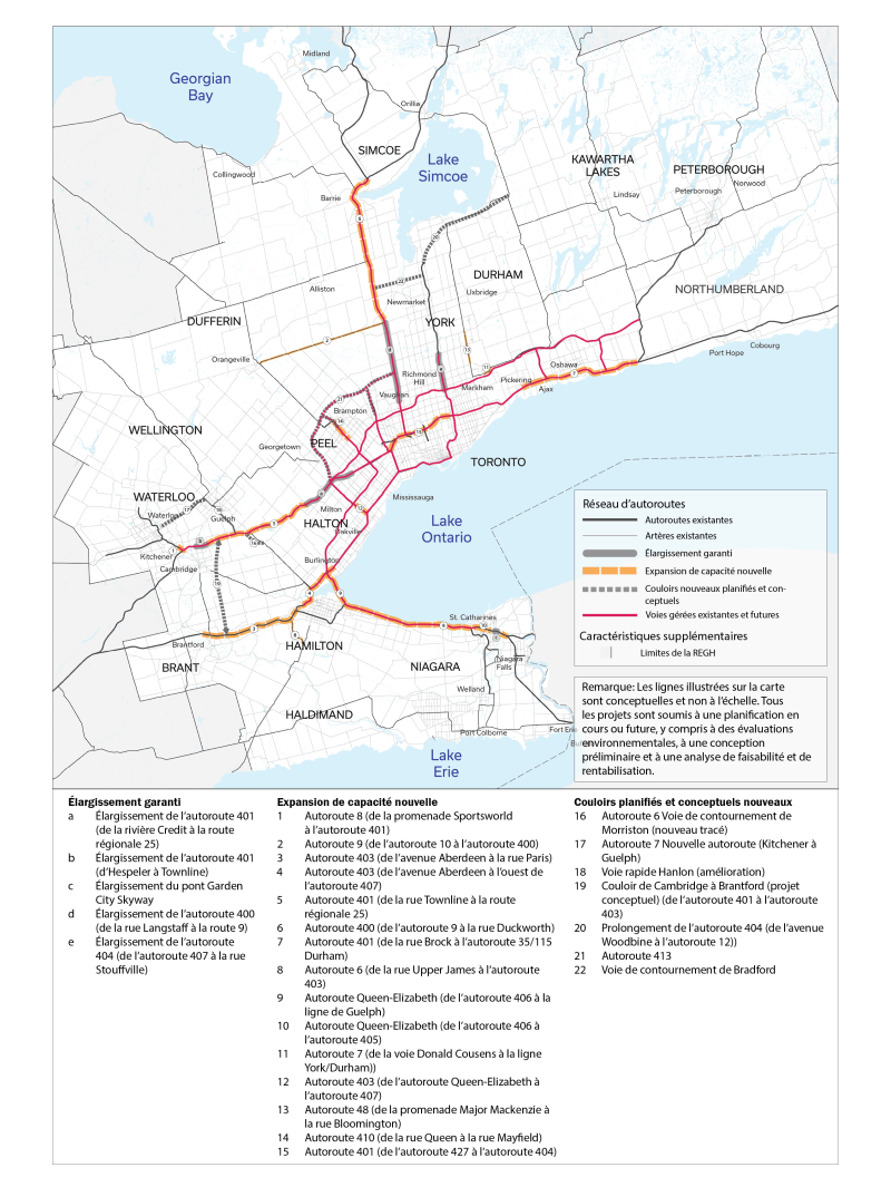 Carte de la REGH qui illustre l’infrastructure routière actuelle, planifiée et conceptuelle future.