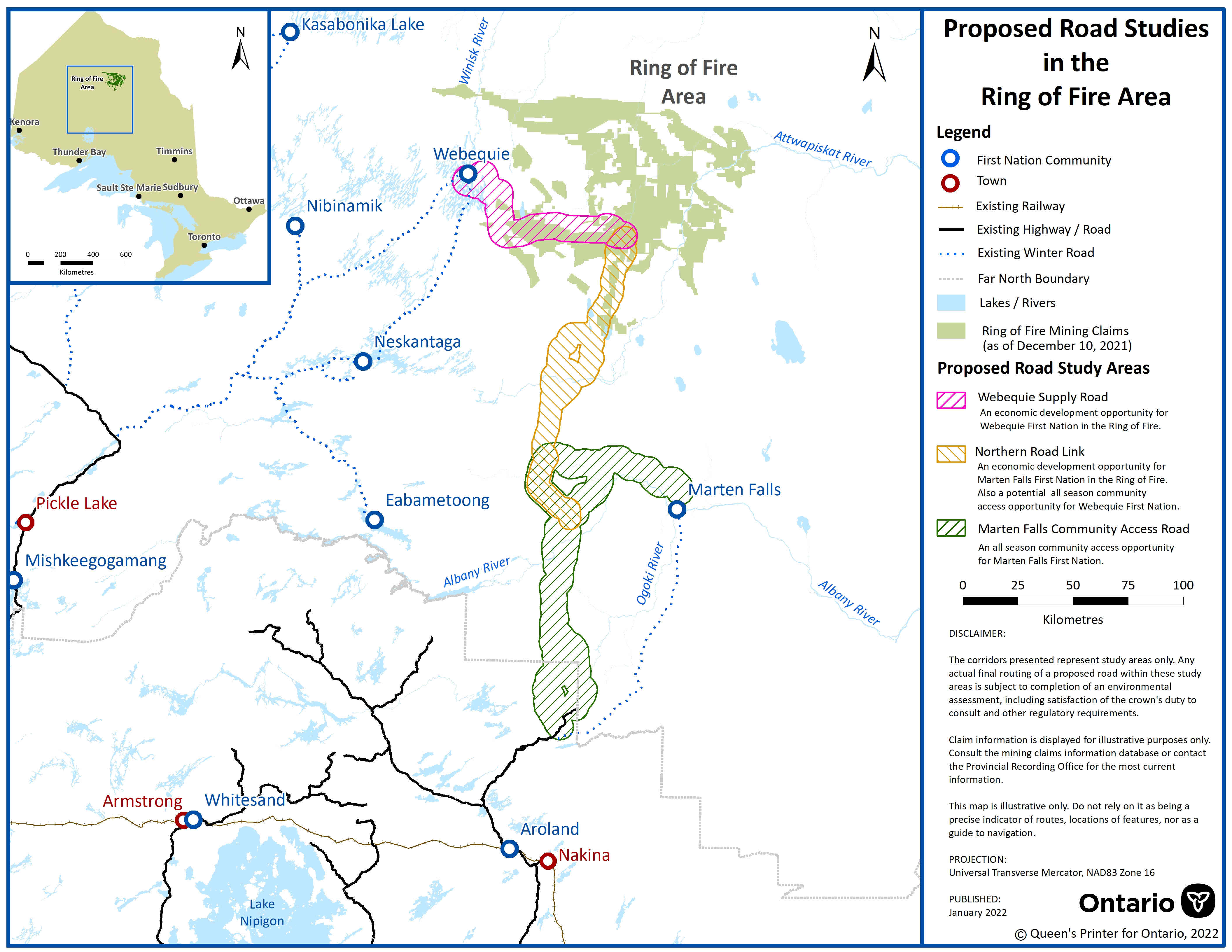 Map of three proposed road environmental assessment study areas in the Ring of Fire area. Includes the Webequie Supply Road Project represented by pink diagonal lines, the Northern Road Link Project represented by yellow diagonal lines and the Marten Falls Community Access Road Project represented by green diagonal lines.