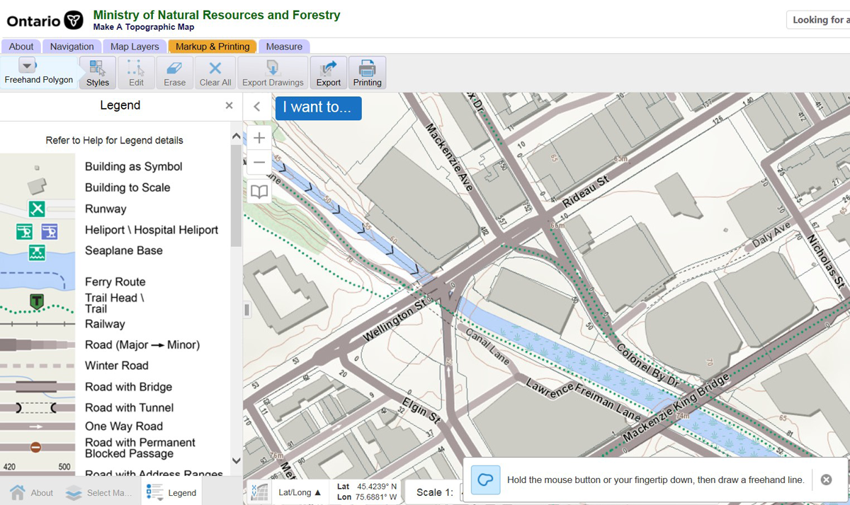 Screen capture of downtown Ottawa using Make a Toopographic Map. Map layers shown include, roads, waterway, trails, streets, road with tunnel and buildings.