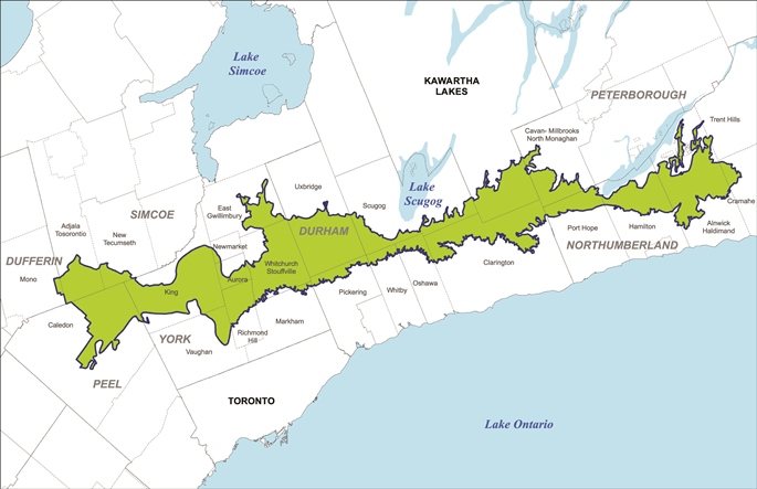 Map of Ontario showing the Oak Ridges Moraine Conservation area ranging from Peel and Dufferin Counties east to Peterborough County