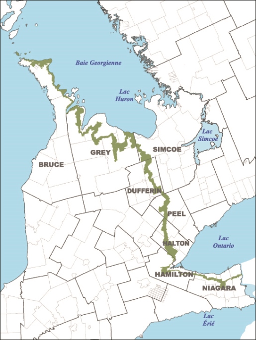 Carte de l’Ontario montrant le territoire visé par le Plan d’aménagement de l’escarpement du Niagara, allant de Tobermory jusqu’à Niagara au sud