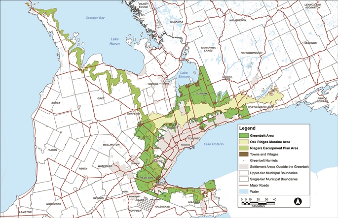 Map of Ontario showing the areas in the greenbelt Plan