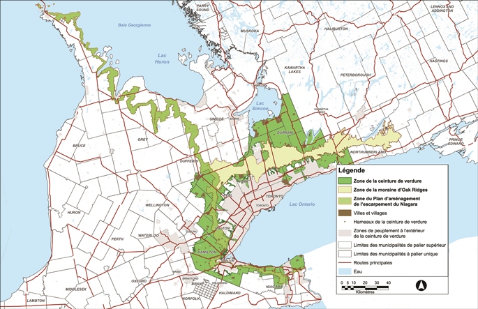 Carte de l’Ontario montrant les zones comprises dans le Plan de la ceinture de verdure