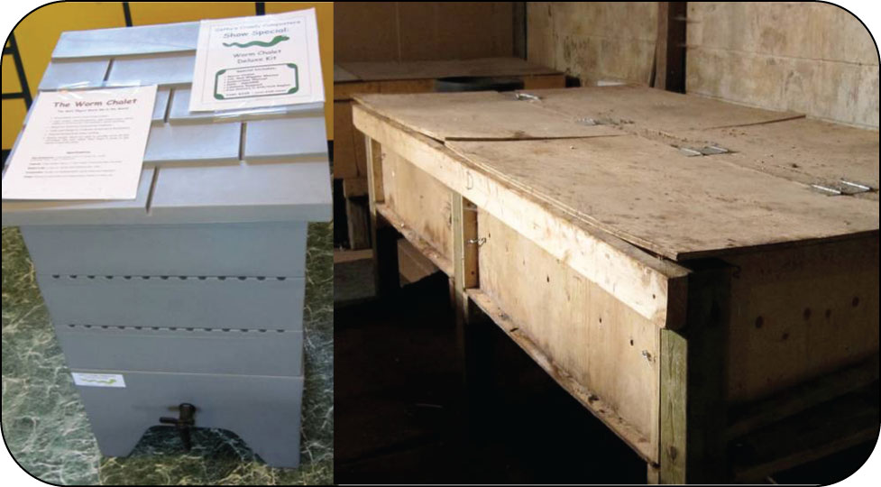 The left photo 2A shows a five-layered rectangular light grey coloured plastic device. The dimensions are about 0.5 m wide x 0.5 m wide x 0.75 m high (18 in x 18 in x 30 in). The top layer is the lid, resembling a shingled roof. The second, third and fourth layers underneath are removable bins with slots near their tops likely for aeration. The bottom layer has legs for the other layers to sit on, plus it has a drainage tap on its side. The right photo 2B shows a long plywood box about 2.4 m x 0.4 m high (8 ft x 16 in) sitting on legs about 0.6 m (2 ft) high. The box has two hinged lids that can be flipped upwards to gain access inside.