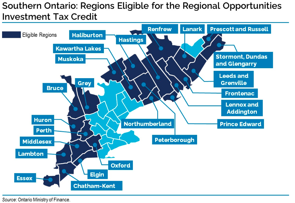 Figure 2. Southern Ontario: Geographic Areas Eligible for the Regional Opportunities Investment Tax Credit. 