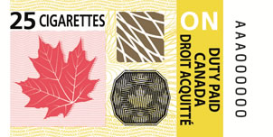 25 cigarettes sample of the Ontario-adapted federal tobacco stamp containing security feature and has a yellow background with the letters 'ON'.