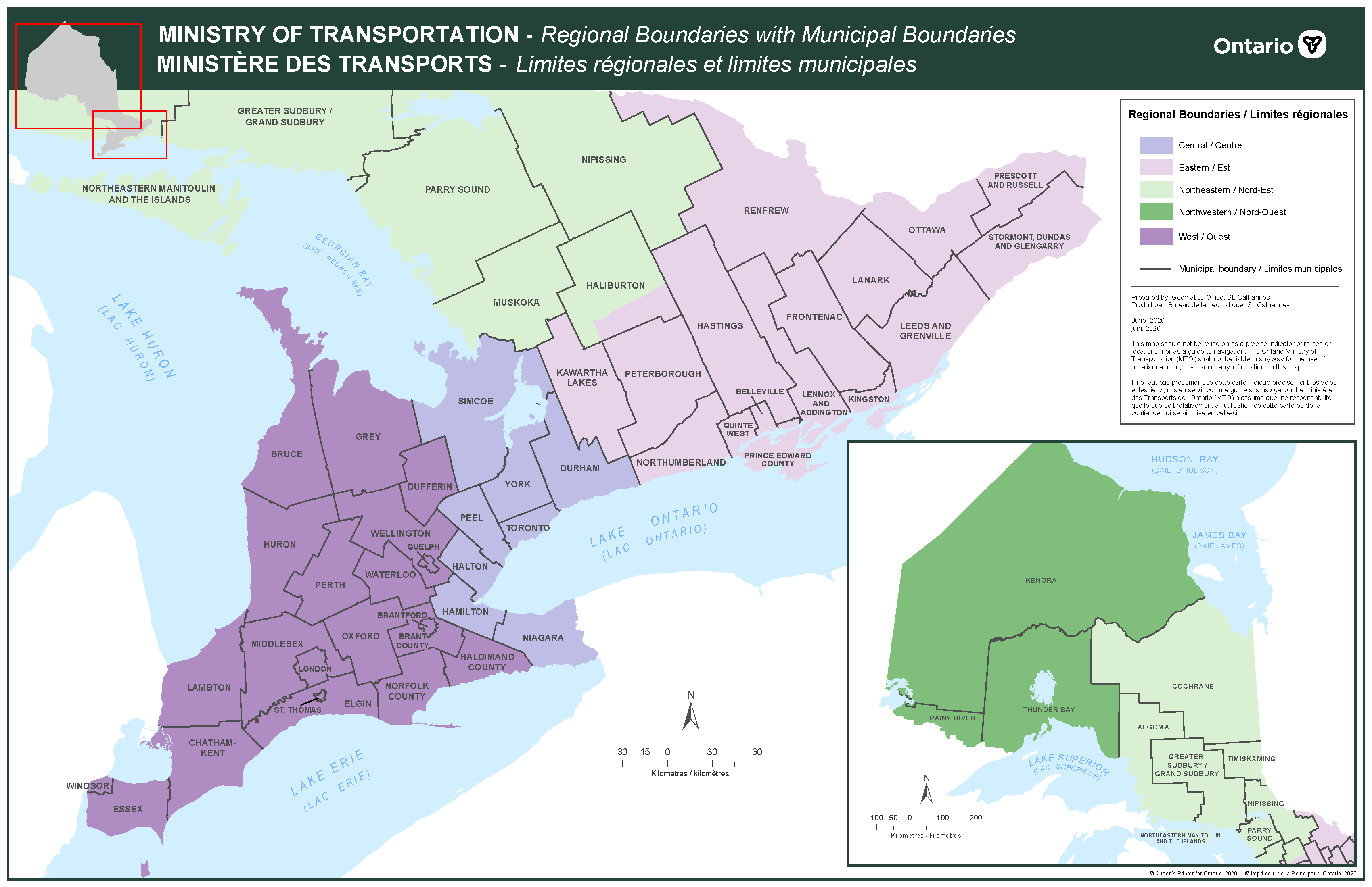 Ministry of Transportation regional boundaries map with municipal boundaries