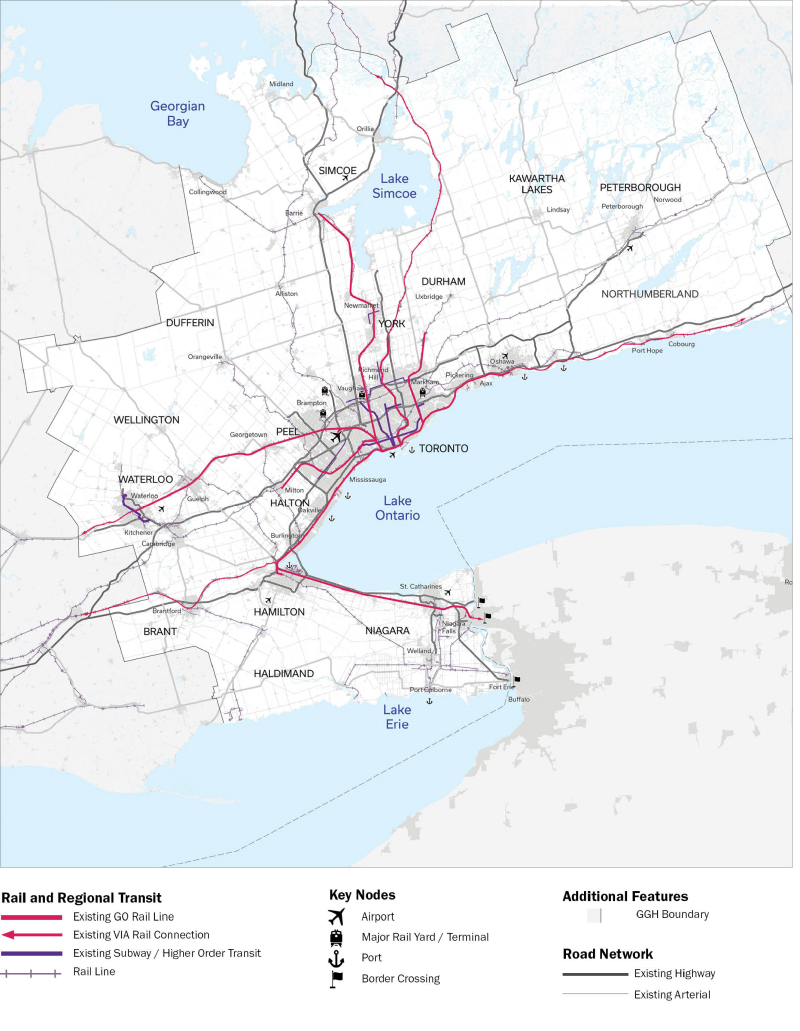 Map illustrating the existing transportation system in the GGH including the rail and transit network and highway network.