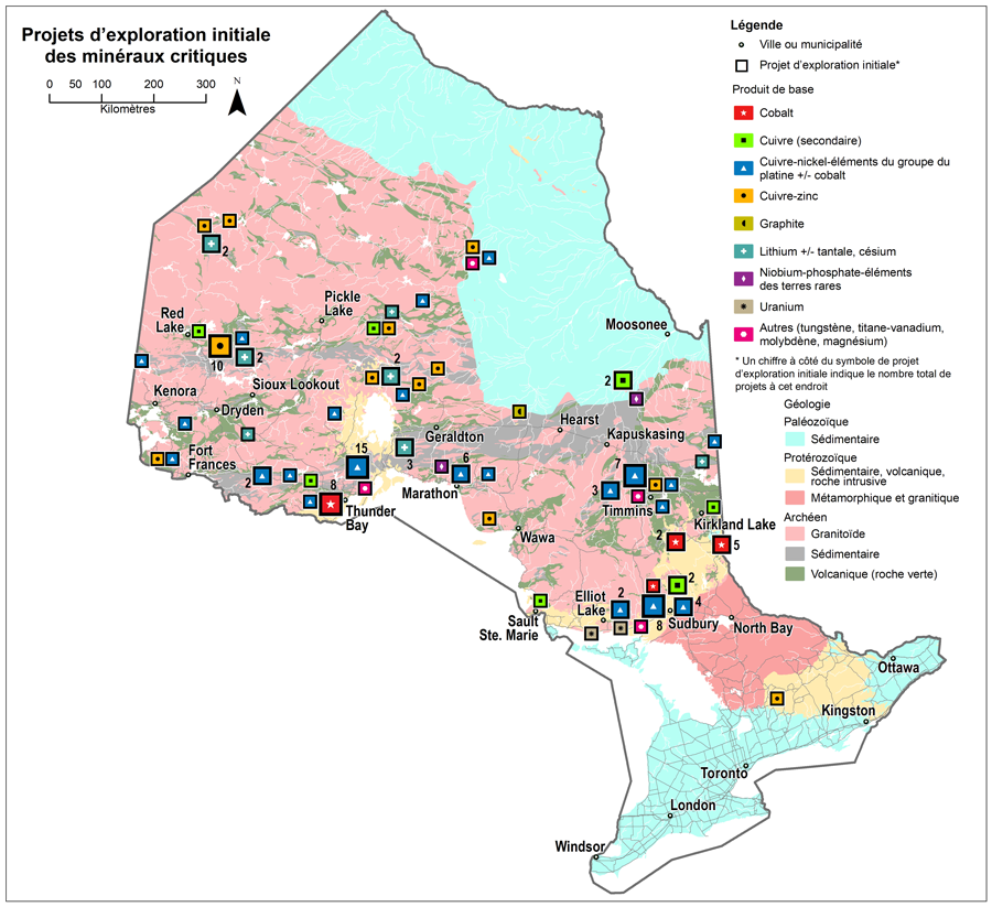 Carte géologique de l’Ontario qui montre les projets importants et les mines en activité actuellement en Ontario.