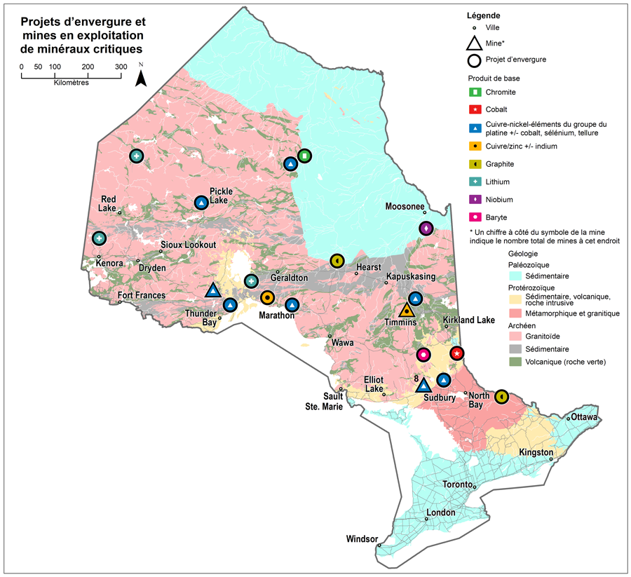 : La figure 2 montre les projets d’envergure et les mines en activité à l’heure actuelle en Ontario. Un projet d’envergure désigne un projet dont le promoteur a atteint le stade où il a au moins entamé une évaluation économique préliminaire du gisement.
