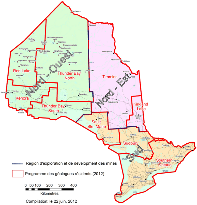 Carte des régions desservies par les bureaux de la Section de l’exploration minière et de l’exploitation des minéraux