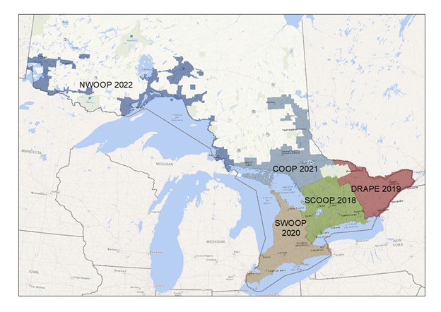 An illustrative map of Ontario from Lake Nipigon south to the Great Lakes. The map shows the potential boundaries of the Imagery Strategy’s acquisitions for south central Ontario in 2018, southeastern Ontario for 2019, southwestern Ontario for 2020, near north central Ontario in 2021, and near north Ontario in 2022.
