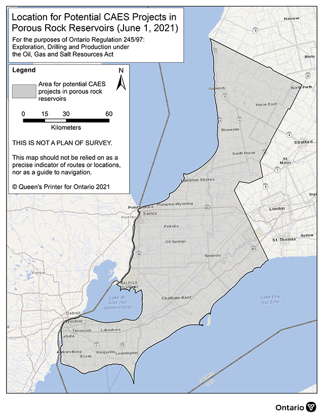 This figure shows the geographic area at the southwestern tip of Ontario where compressed air energy storage projects in porous rock reservoirs must be located in order to seek approval. The approximate area includes the County of Essex, the municipality of Chatham-Kent, the County of Lambton, the western half of the counties of Middlesex and Elgin, portions of the County of Perth that lie west of Highway 23 and south of County Road 86, and portions of the County of Huron that lie southwest of County Road 8