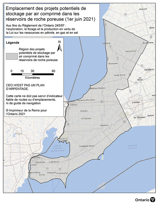 La figure montre la région géographique de la pointe du sud-ouest de l’Ontario où les projets de stockage d’énergie par air comprimé dans les réservoirs de roche poreuse doivent être situés pour faire l’objet d’une demande d’autorisation. La zone approximative comprend la municipalité de Chatham-Kent, les comtés d’Essex, de Lambton, la moitié ouest des comtés de Middlesex et d’Elgin, les parties du comté de Perth situées à l’ouest de la route du comté Road 23 et au sud de la route 86, ainsi que des parties