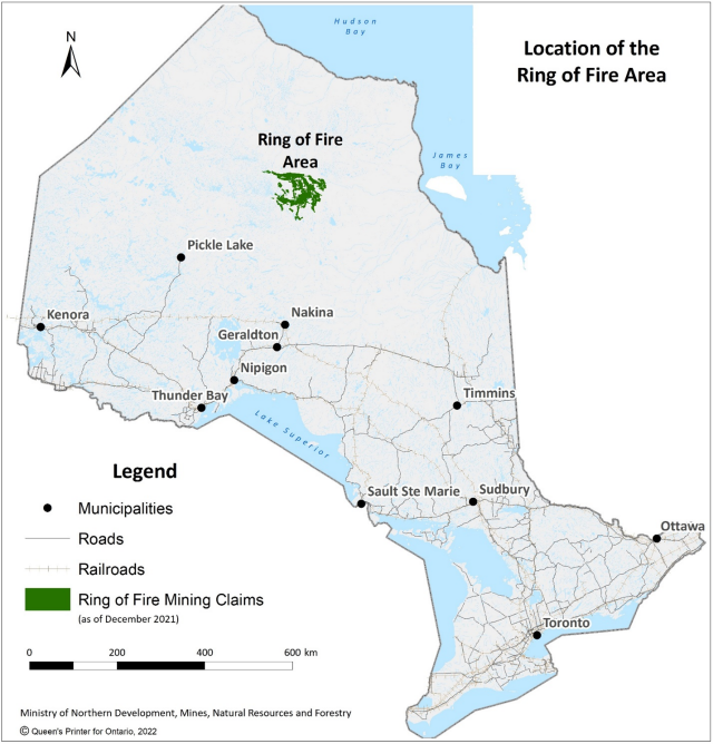 The map shows the Ring of Fire Area on a map of Ontario.