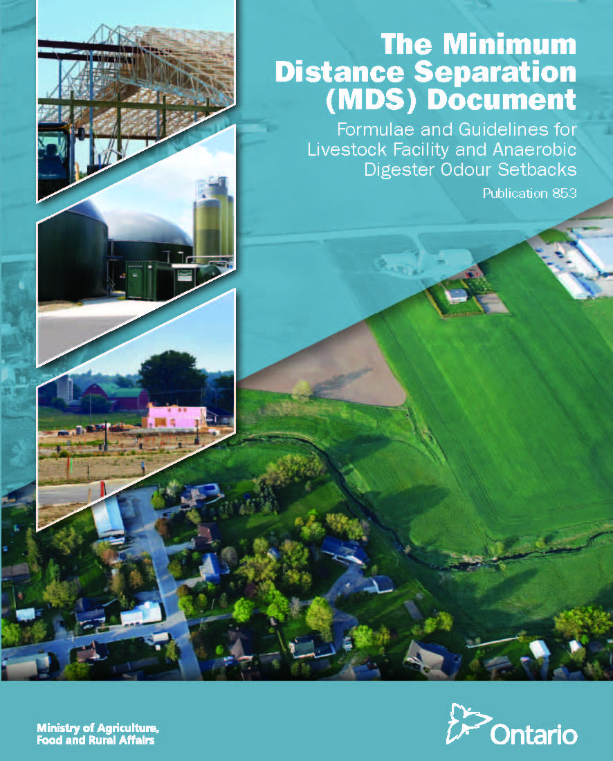 The cover of The Minimum Distance Separation (MDS) Document - Formulae and Guidelines for Livestock Facility and Anaerobic Digester Odour Setbacks