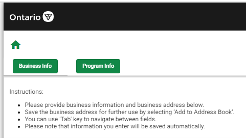 Image displays a cropped view of the upper left section of the registry 'Business Info' tab. The 'Program Info' button is circled in red to demonstrate how/where to switch tabs.