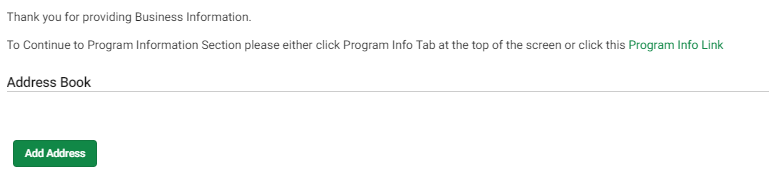 Image displays a cropped view of the bottom of the registry 'Business Info' tab. The text above the 'Address Book' section states: 'Thank you for providing Business Information'. To Continue to Program Information Section either click Program Info Tab at the top of the scree or click this Program Info Link. The words 'Program Info Link' are circled in red.