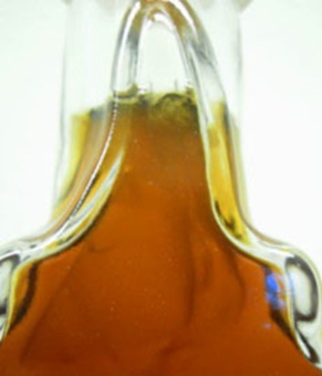 Image of the neck of a glass maple syrup container, with mould visible on the surface of the syrup.