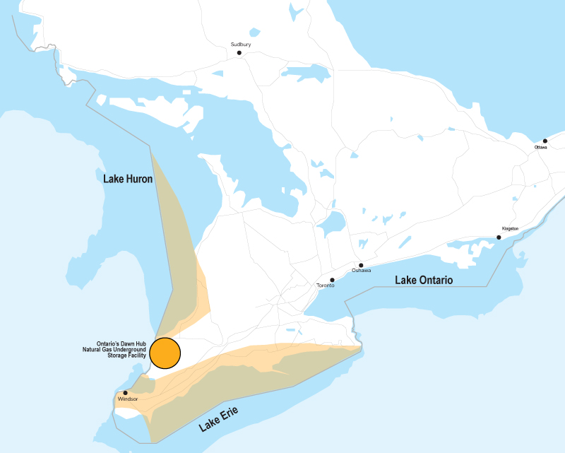 Map of saline aquifers with carbon dioxide storage potential in Ontario
