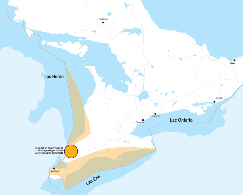Carte d'aquifères salins présentant un potentiel de stockage du dioxyde de carbone en Ontario