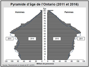 Pyramide d’âge de l’Ontario (2011 et 2016)