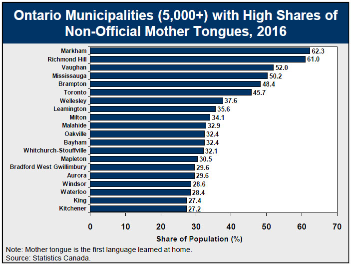 Ontario Municipalities (5,000+) with High Shares of Non-Official Mother Tongues, 2016