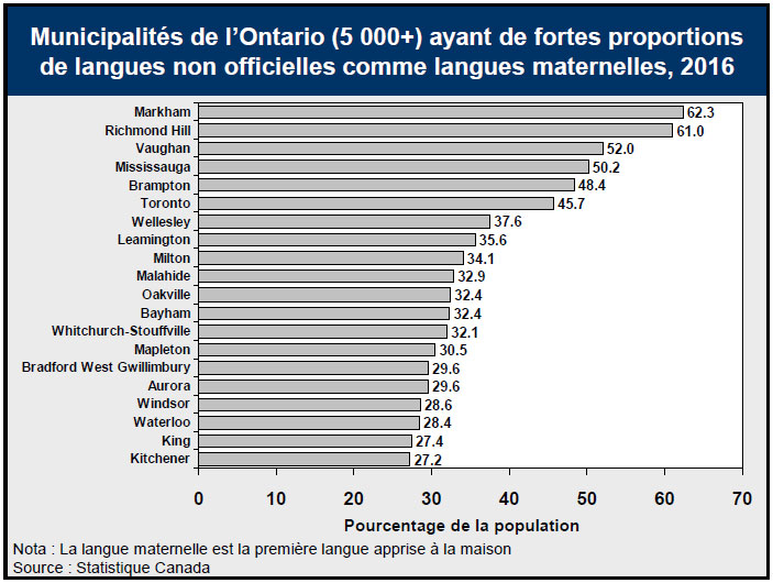 Municipalités de l’Ontario (5 000+) ayant de fortes proportions de langues non officielles comme langues maternelles, 2016