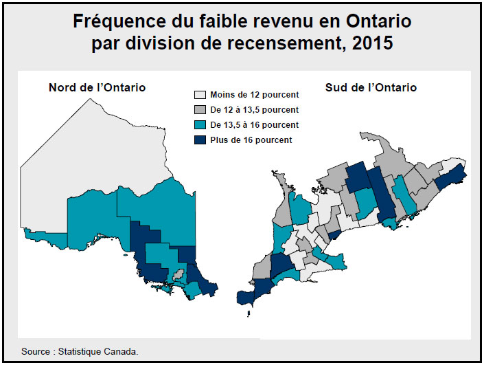 Fréquence du faible revenu en Ontario par division de recensement, 2015