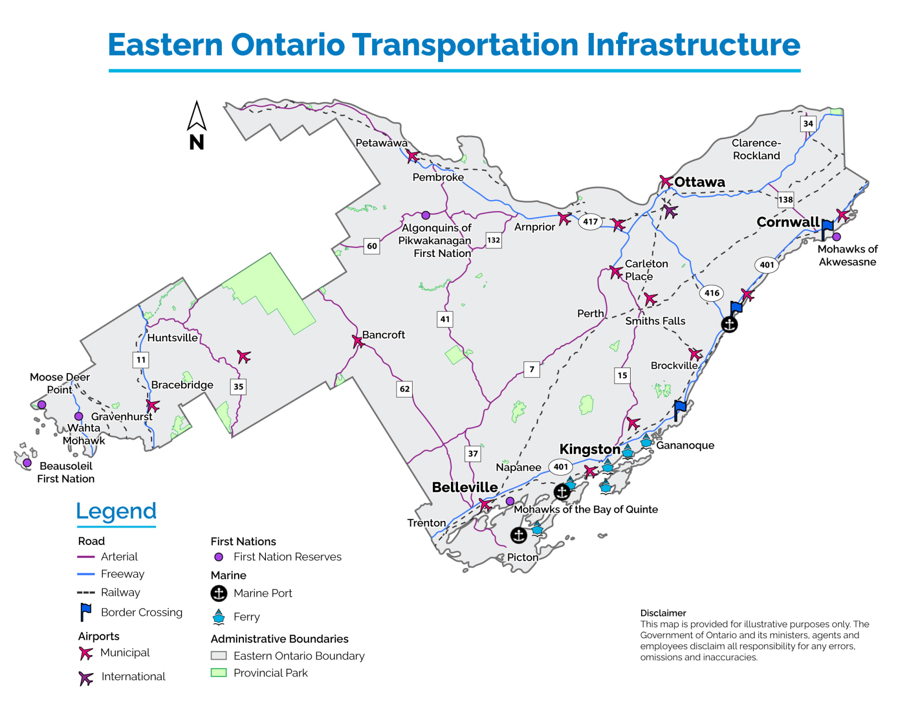 Map of the Eastern Ontario transportation infrastructure. Map legend includes arterial roads, freeway, railway, border crossing, municipal airports, international airports, First Nations reserves, marine ports, ferries, provincial parks, and the Eastern Ontario boundary.