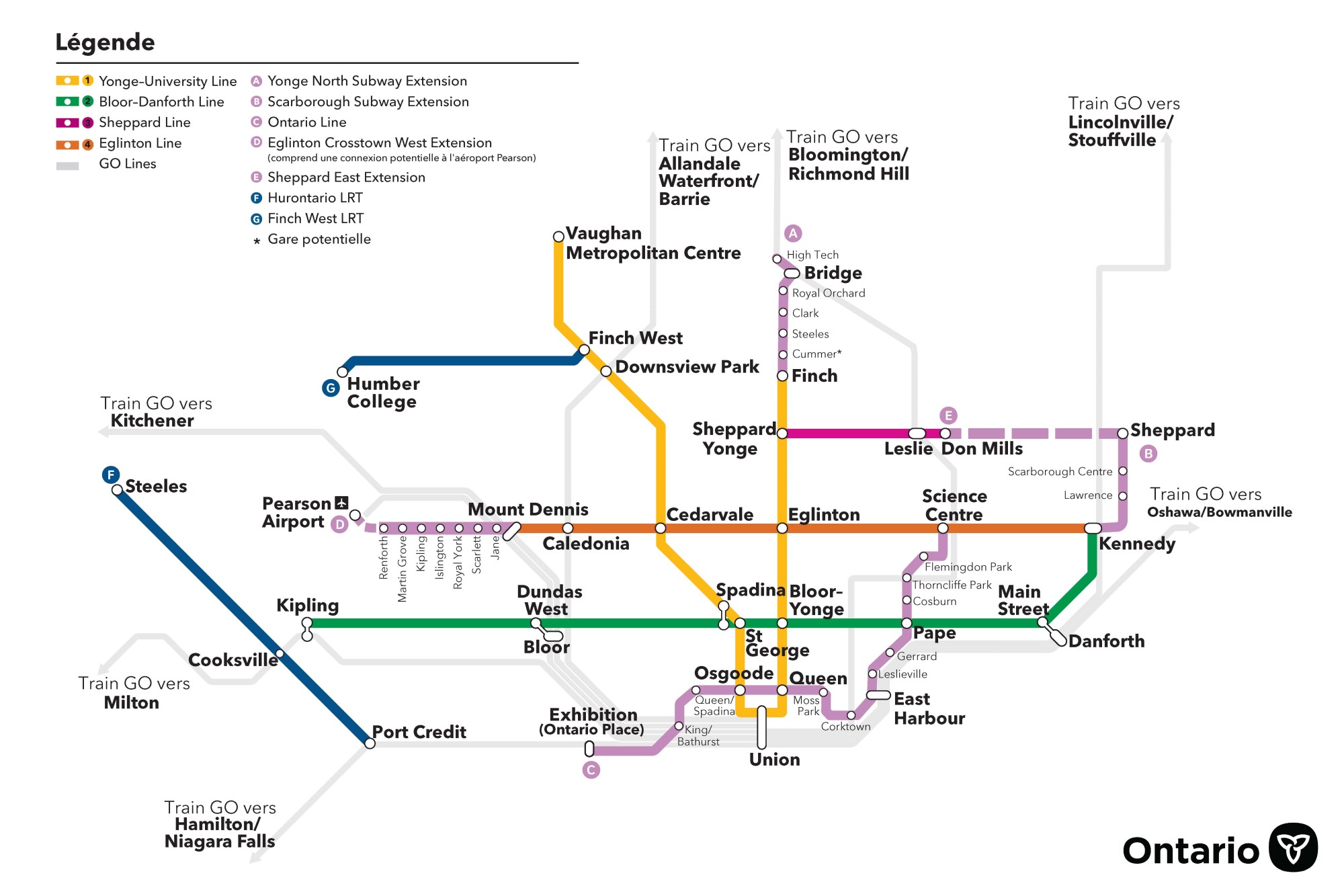 Carte montrant l'état futur de l'expansion du transit dans le région du Grand Golden Horseshoe
