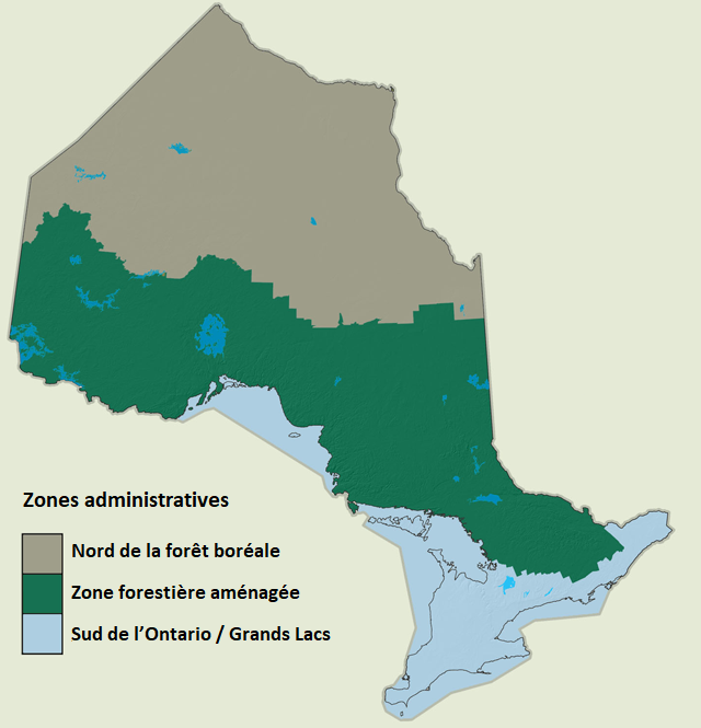 Cette carte montre la province de l'Ontario et les limites des trois zones administratives forestières : nord de la forêt boréale , zone de forêt aménagée et sud de l'Ontario/Grands Lacs.