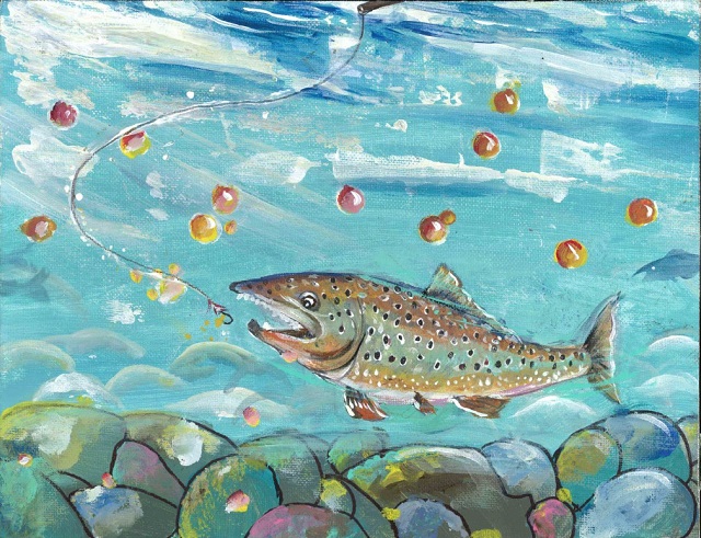 Colourful painting of a brown trout swimming up to a fishing hook at the bottom of a river 
