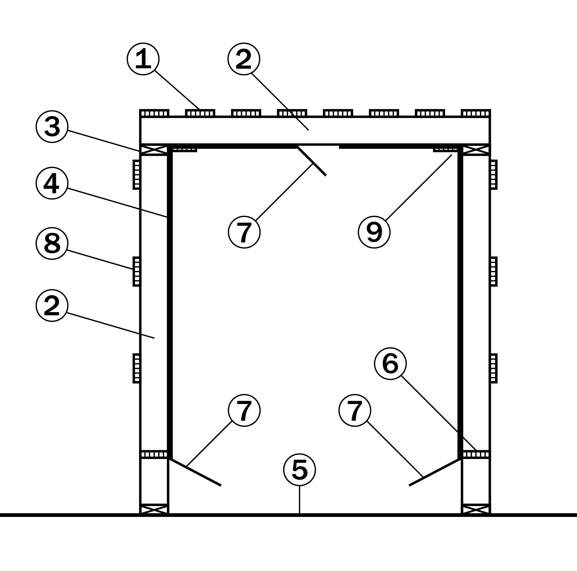 A lined rectangular air duct without a slatted floor section and numbers pointing to various sections of the drawing