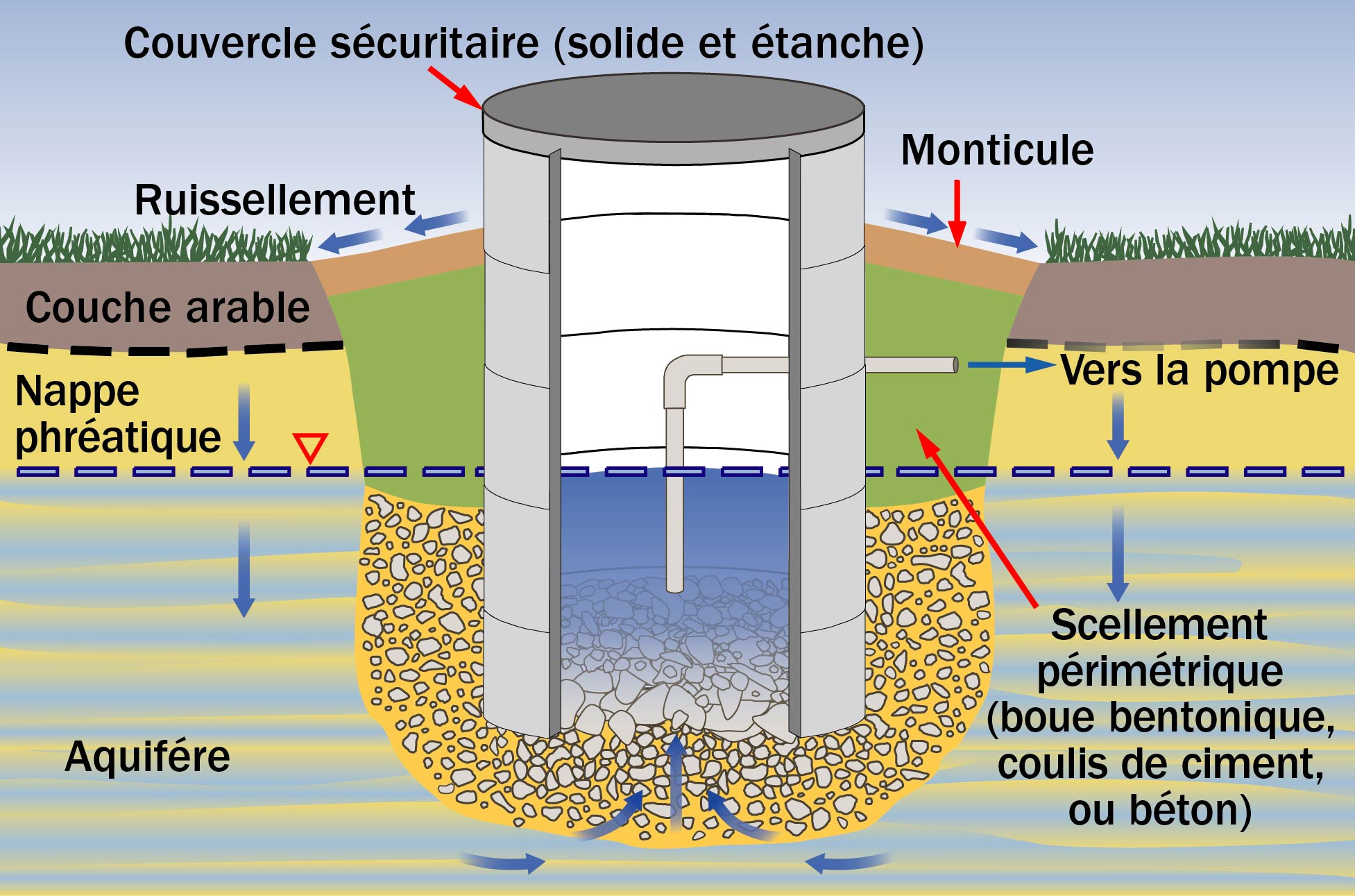 Schéma qui illustre un puits correctement creusé ou foré qui permet d’empêcher que les eaux de surface et leurs contaminants pénètrent directement dans le puits.