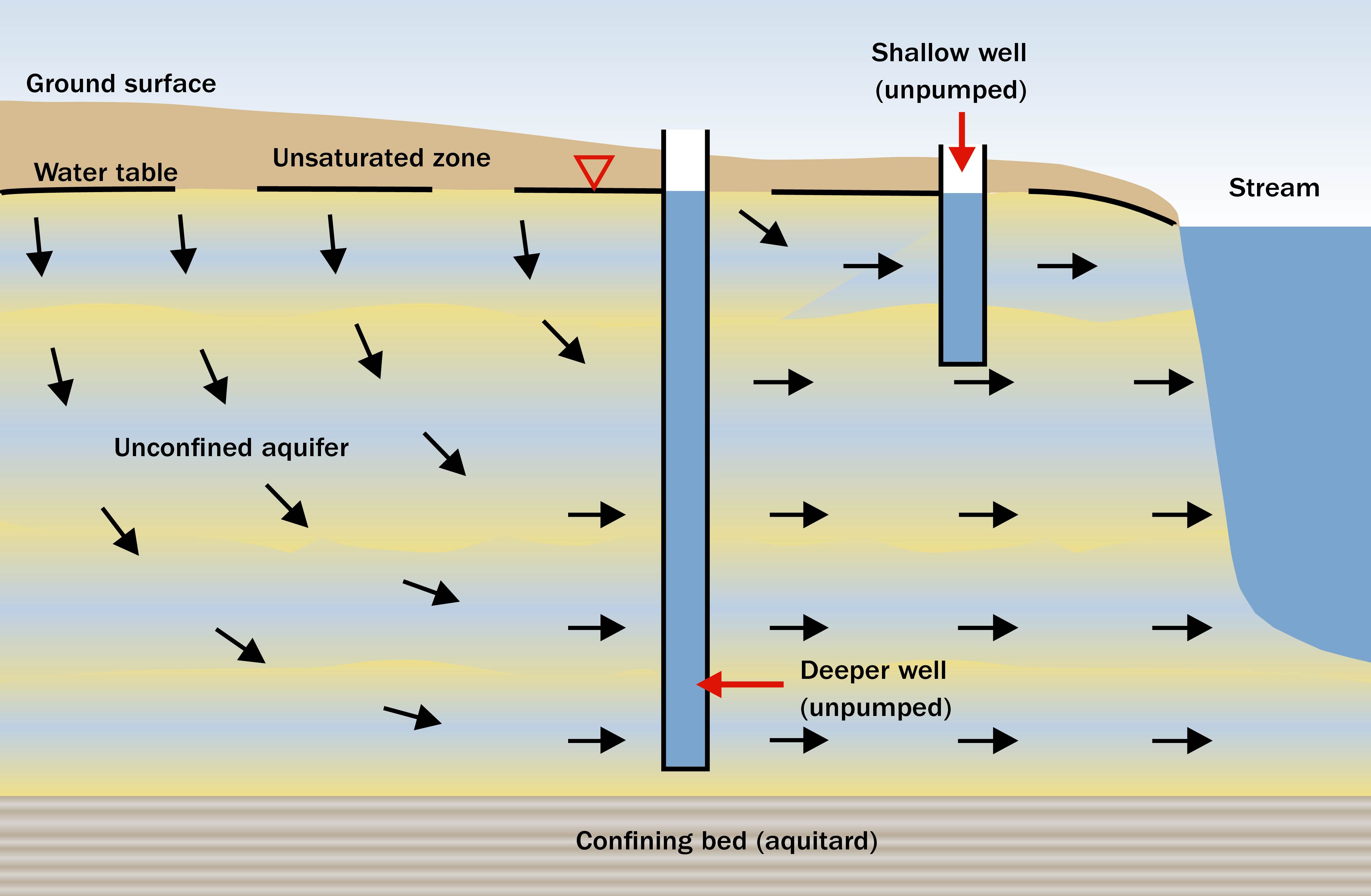 Figure 1.This drawing shows the movement of groundwater from a water table or unsaturated zone as it moves through deep and shallow wells and into a stream located to the right of the wells.