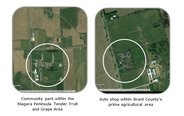 Prime agricultural areas may include non-agricultural uses. Community park within the Niagara Peninsula Tender Fruit and Grape Area and an auto shop within Brant County's prime agricultural area.
