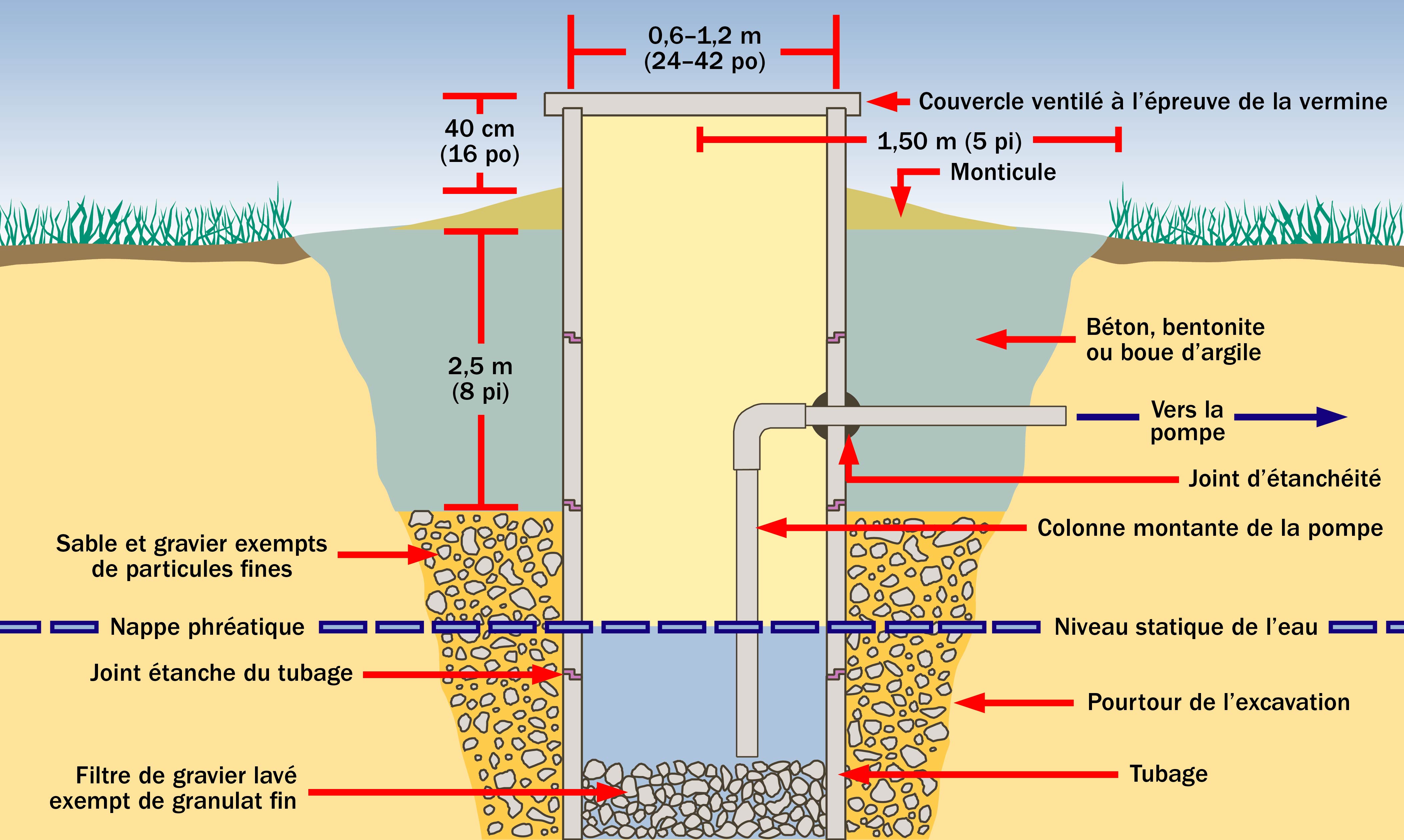 Figure 4. Schéma d'une coupe du sous-sol d’un puits de grand diamètre bien construit dans un aquifère constitué de sable ou de gravier. Le puits est pourvu d’une colonne montante, et le niveau statique de l’eau monte à l’intérieur du tubage, lequel est entouré d’un scellement périmétrique fait de coulis de ciment, de béton, de boue bentonique ou de boue argileuse.