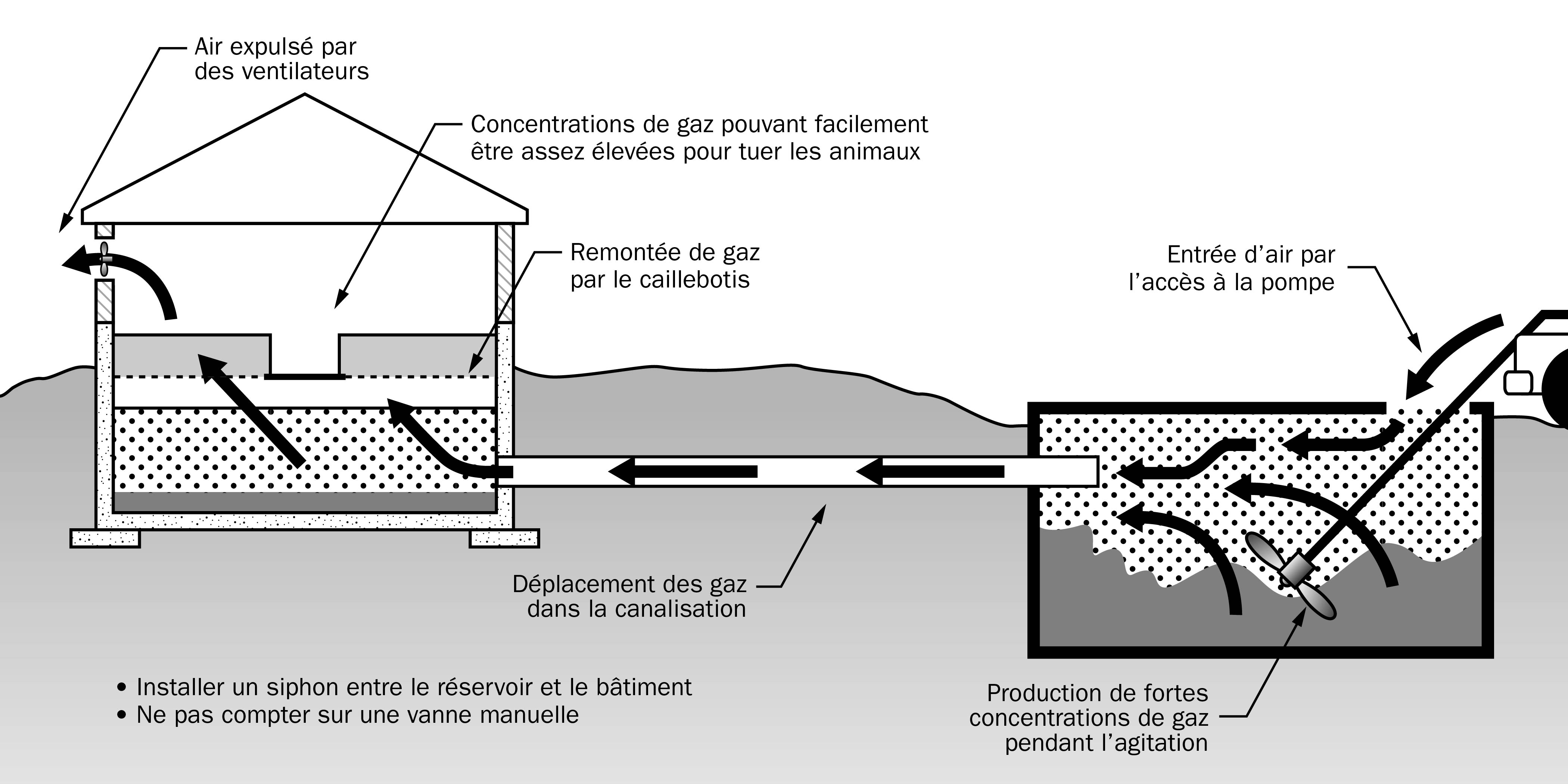 Schéma d’une vue de côté du déplacement d’un gaz de fumier entre le réservoir et l’étable