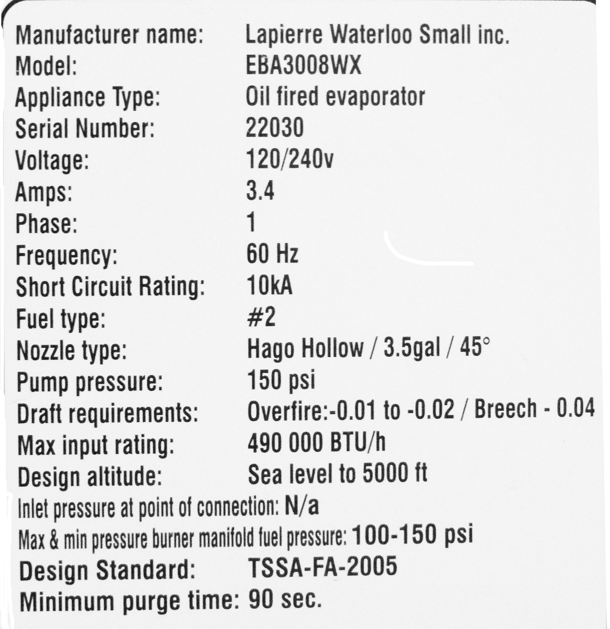 Example of appliance rating plates for oil-fired maple syrup evaporators