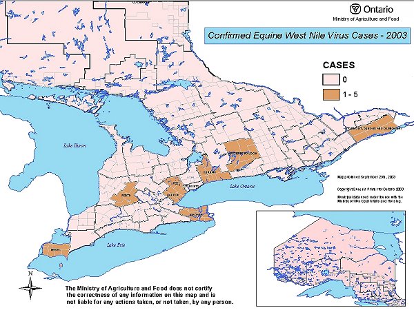 map showing confirmed Equine West Nile Cases - 2003