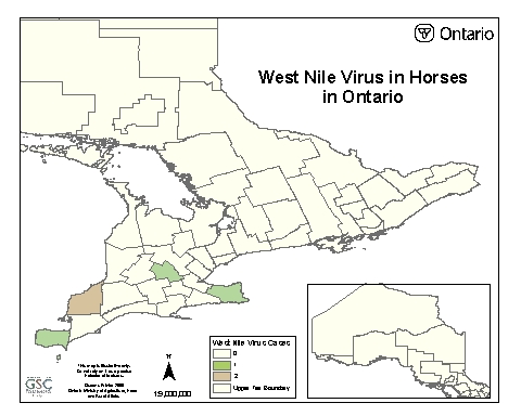 Figure 1 - A map of Ontario showing the county with cases of West Nile Virus.